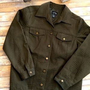 Olive green “Jean style” lined jacket, with tonal animal print.